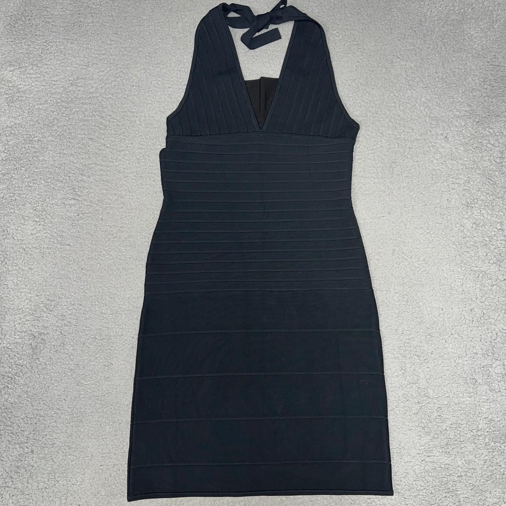 Hervé Léger Bandage Dress Women's Size L Black V Neck Halter‎ Top Sleeveless